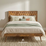 Geo Mango Wood Bed Frame | 3D Carved Solid Mango Wood Bed – Dark & Light