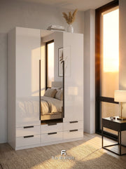 Meridian 3-Door High Gloss Wardrobe with Mirror & 6-Drawer Base — White, Grey, or Black