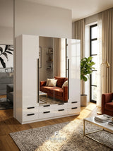 Meridian 4-Door High Gloss Wardrobe with Twin Mirrors & 8-Drawer Base — White, Grey, or Black