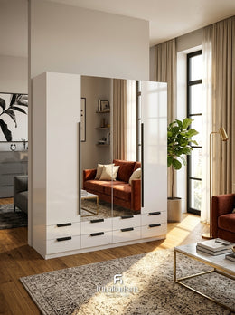 Meridian 4-Door High Gloss Wardrobe with Twin Mirrors & 8-Drawer Base — White, Grey, or Black