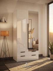Meridian 2-Door High Gloss Wardrobe with Mirror & 4-Drawer Base — White, Grey, or Black