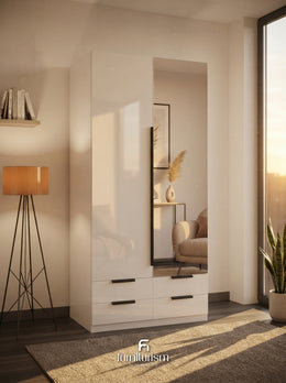 Meridian 2-Door High Gloss Wardrobe with Mirror & 4-Drawer Base — White, Grey, or Black