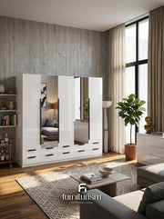 Meridian 5-Door High Gloss Wardrobe with Twin Mirrors & 10-Drawer Base — White, Grey, or Black