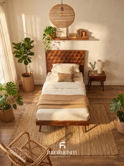 Geo Mango Wood Bed Frame | 3D Carved Solid Mango Wood Bed – Dark & Light