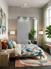 LuxeGlow High-Gloss Sliding Wardrobe with LED Lighting & External Drawers