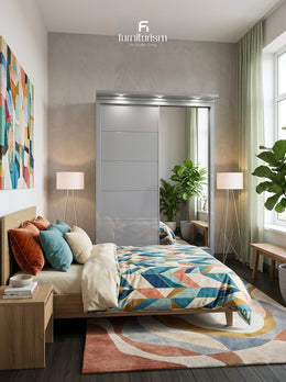 LuxeGlow High-Gloss Sliding Wardrobe with LED Lighting & External Drawers