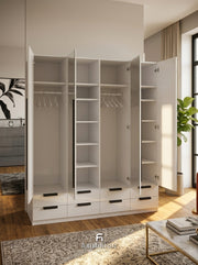 Meridian 4-Door High Gloss Wardrobe with Twin Mirrors & 8-Drawer Base — White, Grey, or Black