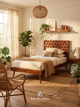 Geo Mango Wood Bed Frame | 3D Carved Solid Mango Wood Bed – Dark & Light