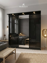 Aurora High Gloss Wardrobe - Mirror Sliding Door Cupboard.