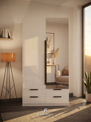 Meridian 2-Door High Gloss Wardrobe with Mirror & 4-Drawer Base — White, Grey, or Black