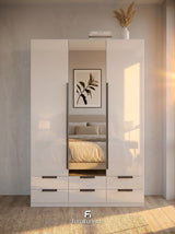 Meridian 3-Door High Gloss Wardrobe with Mirror & 6-Drawer Base — White, Grey, or Black