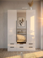 Meridian 3-Door High Gloss Wardrobe with Mirror & 6-Drawer Base — White, Grey, or Black