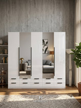 Meridian 5-Door High Gloss Wardrobe with Twin Mirrors & 10-Drawer Base — White, Grey, or Black