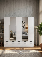 Meridian 5-Door High Gloss Wardrobe with Twin Mirrors & 10-Drawer Base — White, Grey, or Black