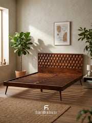 Geo Mango Wood Bed Frame | 3D Carved Solid Mango Wood Bed – Dark & Light