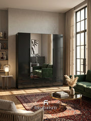Meridian 4-Door High Gloss Wardrobe with Twin Mirrors & 8-Drawer Base — White, Grey, or Black