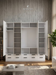Meridian 5-Door High Gloss Wardrobe with Twin Mirrors & 10-Drawer Base — White, Grey, or Black