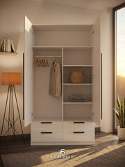 Meridian 2-Door High Gloss Wardrobe with Mirror & 4-Drawer Base — White, Grey, or Black