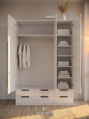 Meridian 3-Door High Gloss Wardrobe with Mirror & 6-Drawer Base — White, Grey, or Black