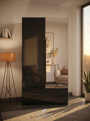 Meridian 2-Door High Gloss Wardrobe with Mirror & 4-Drawer Base — White, Grey, or Black