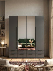 Meridian 4-Door High Gloss Wardrobe with Twin Mirrors & 8-Drawer Base — White, Grey, or Black