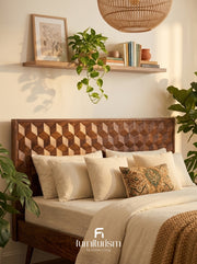 Geo Mango Wood Bed Frame | 3D Carved Solid Mango Wood Bed – Dark & Light