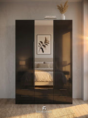 Meridian 3-Door High Gloss Wardrobe with Mirror & 6-Drawer Base — White, Grey, or Black