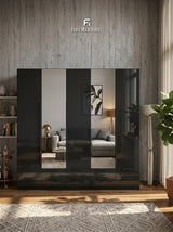 Meridian 5-Door High Gloss Wardrobe with Twin Mirrors & 10-Drawer Base — White, Grey, or Black