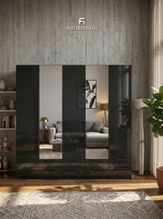 Meridian 5-Door High Gloss Wardrobe with Twin Mirrors & 10-Drawer Base — White, Grey, or Black
