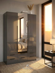 Meridian 3-Door High Gloss Wardrobe with Mirror & 6-Drawer Base — White, Grey, or Black