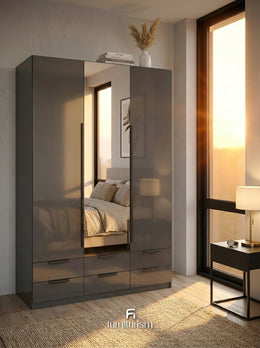 Meridian 3-Door High Gloss Wardrobe with Mirror & 6-Drawer Base — White, Grey, or Black