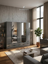 Meridian 5-Door High Gloss Wardrobe with Twin Mirrors & 10-Drawer Base — White, Grey, or Black