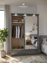 LuxeGlow High-Gloss Sliding Wardrobe with LED Lighting & External Drawers