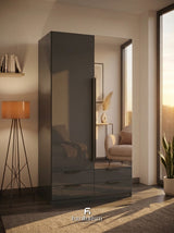 Meridian 2-Door High Gloss Wardrobe with Mirror & 4-Drawer Base — White, Grey, or Black