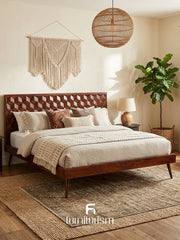 Geo Mango Wood Bed Frame | 3D Carved Solid Mango Wood Bed – Dark & Light