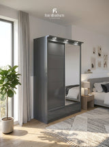 LuxeGlow High-Gloss Sliding Wardrobe with LED Lighting & External Drawers