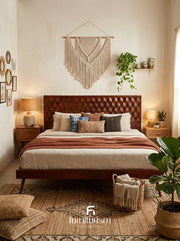 Geo Mango Wood Bed Frame | 3D Carved Solid Mango Wood Bed – Dark & Light