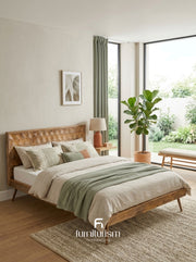 Geo Mango Wood Bed Frame | 3D Carved Solid Mango Wood Bed – Dark & Light