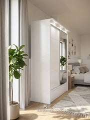 LuxeGlow High-Gloss Sliding Wardrobe with LED Lighting & External Drawers