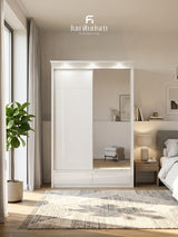 LuxeGlow High-Gloss Sliding Wardrobe with LED Lighting & External Drawers
