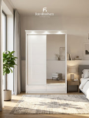 LuxeGlow High-Gloss Sliding Wardrobe with LED Lighting & External Drawers