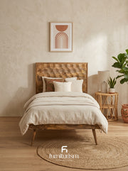 Geo Mango Wood Bed Frame | 3D Carved Solid Mango Wood Bed – Dark & Light