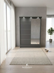 LuxeGlow High-Gloss Sliding Wardrobe with LED Lighting & External Drawers